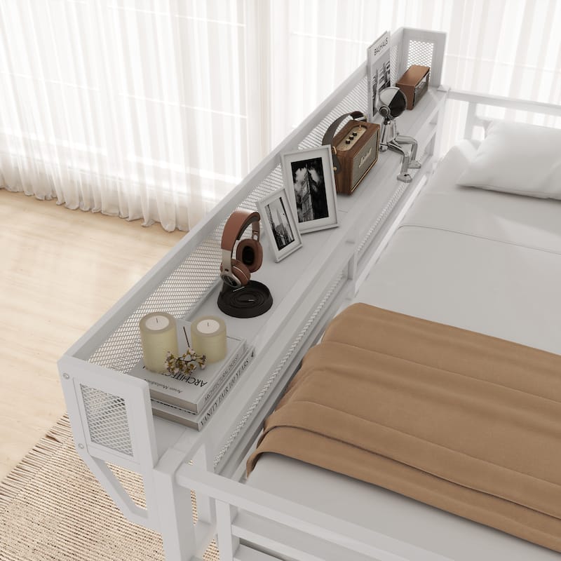 Iron Loft Bed Frame with Desk, Charging Station, Bedside Shelf and Wardrobe, Heavy Duty Metal Loftbed with LED Lights