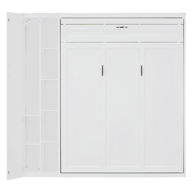 Queen Size Wall Bed with Shelves, Wardrobe, and LED Lights, Space-Saving Design