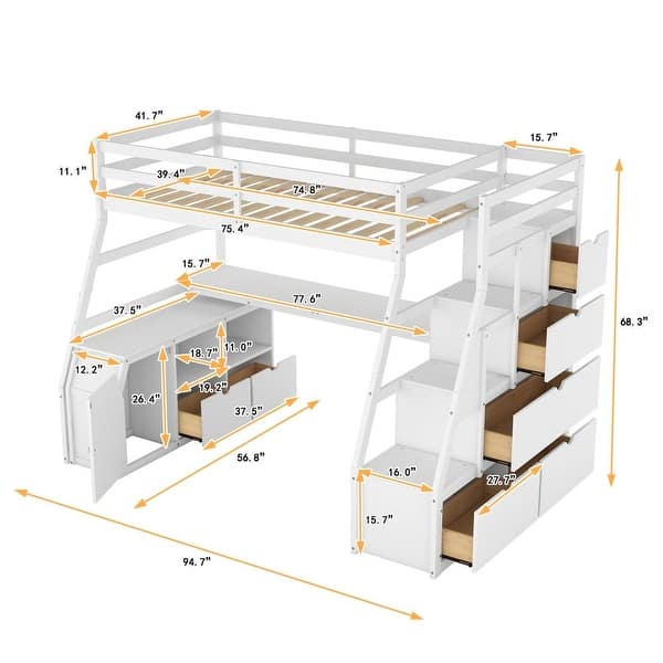 Twin Size Loft Bed with with 7 Drawers 2 Shelves and Desk