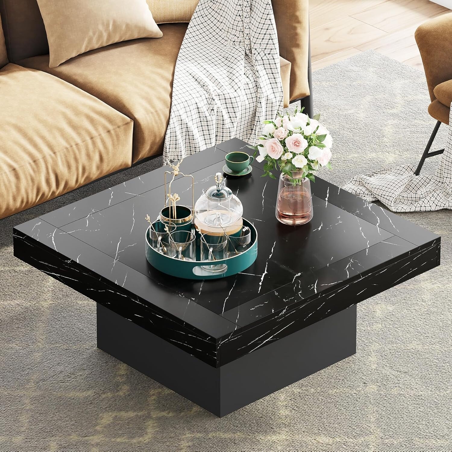 センターテーブル・ローテーブル Square Design vintage low table modern Modern Square LED Coffee Table, Low Center Table with Built-In