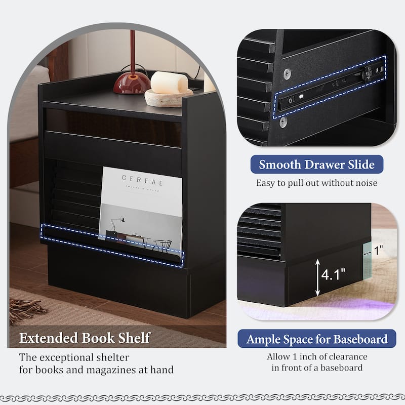 LED Nightstand with Charging Station, Sofa Side Table with 2 Drawers & Extended Bookshelf, Multi-functiona Entryway Table