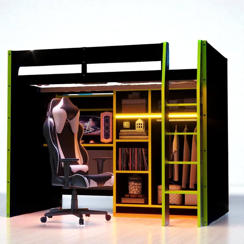 Full Size Wood Loft Bed with Desk, Open Wardrobe, Shelves and RGB LED Lights for Gaming & Storage