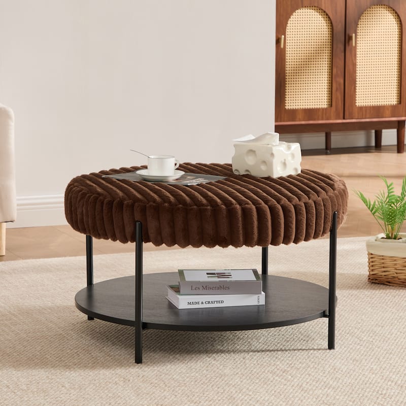 30.9"W Upholstered Coffee Table Ottoman,Round Coffee Table Bench with Storage Shelf and Metal Legs - Brown