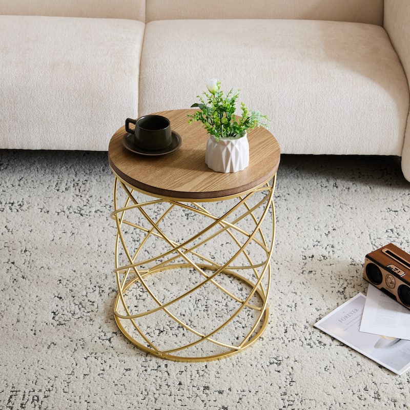 Modern Birdcage Shaped Side Table Golden Accent Table with Wood Round Top and Metal Mesh Base, Indoor Small End Table
