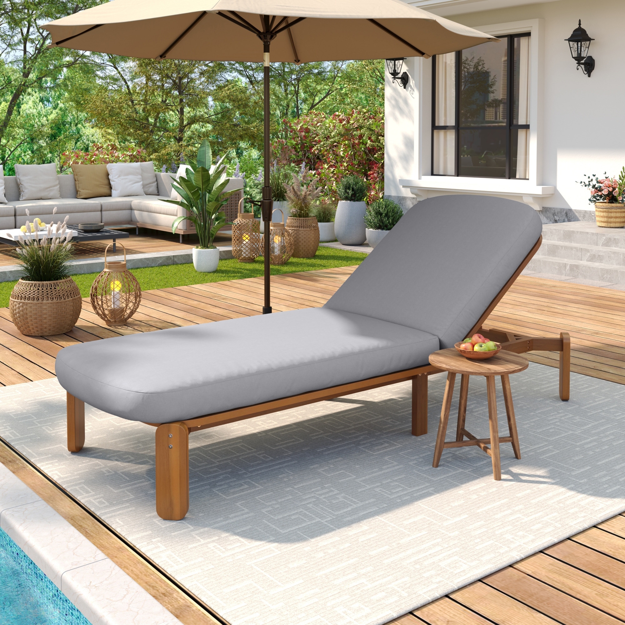 Adjustable Outdoor Chaise Lounge with Acacia Wood Frame and Cushions