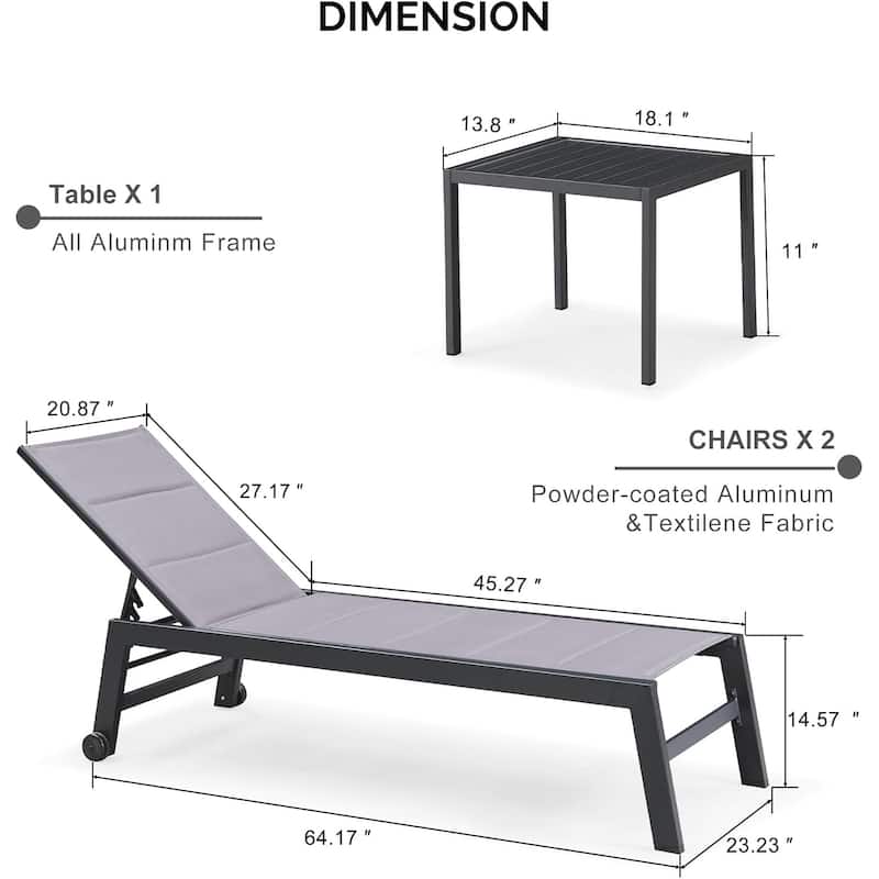 PURPLE LEAF Outdoor Chaise Lounge Set of 2 Aluminum Patio Lounge Chair with Wheels and Side Table
