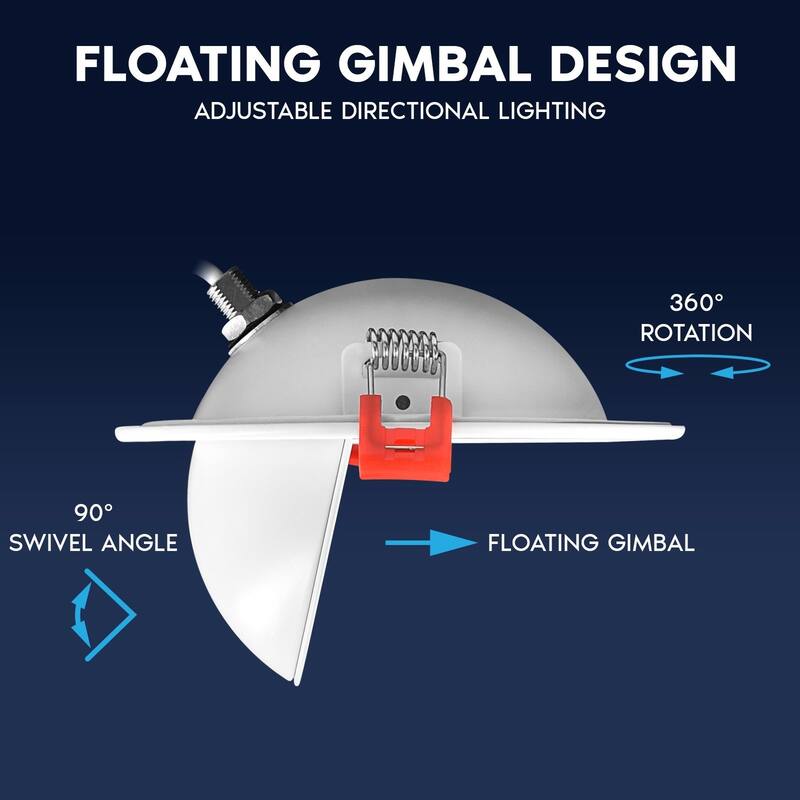 Luxrite 4 Inch Floating Gimbal LED Recessed Lighting with J-Box, CRI 90, 5CCT Dimmable, 12W ETL Listed 6 Pack