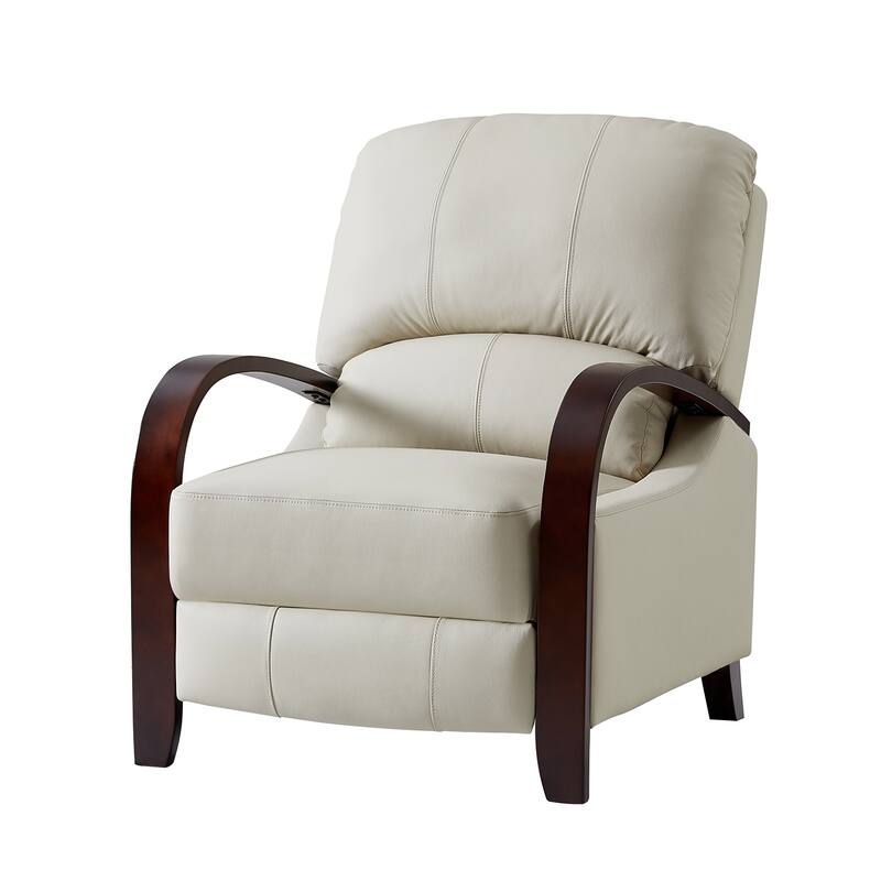 Alex Mid-century Modern Genuine Leather Manual Recliner with Wooden Curved Arms
