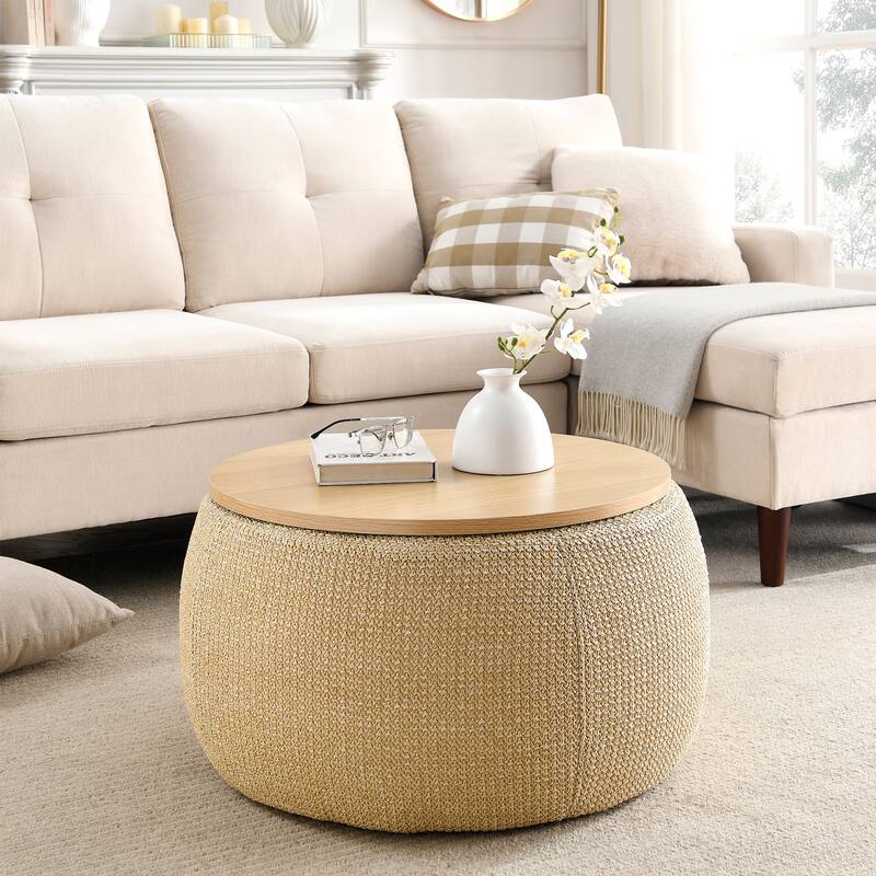 Roomfitters Round Storage Ottoman with Removable Lid, 2-in-1 Design Serves as End Table or Footrest, Modern Living Room