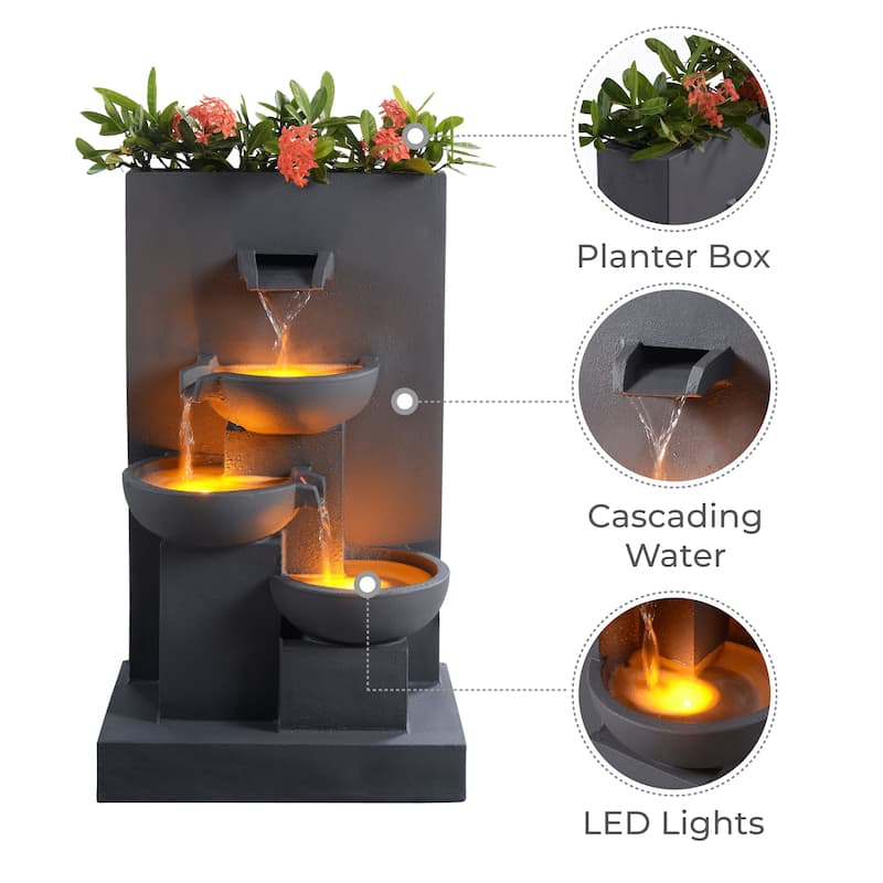 Teamson Home 29" Outdoor 3-Tier Cascading Bowl Fountain with Planter