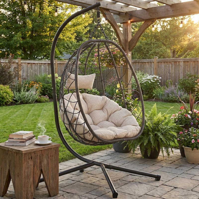 Summit Hanging Egg Swing Chair with Foldable Shell for Patio Balcony Backyard Garden Porch Home Office