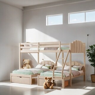 Full Over Twin & Twin Bunk Bed Velvet Triple Bunk Bed with Drawers and Guardrails, Beige