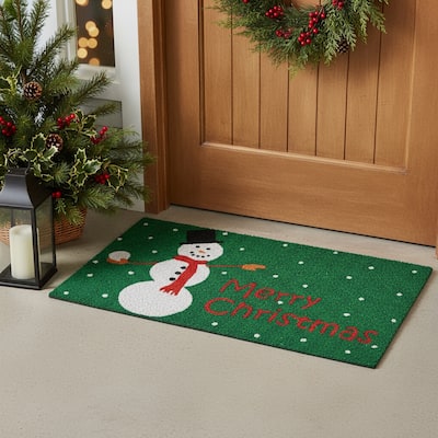 HomeRoots 17" X 29" Green White And Red Christmas Snowman Merry Christmas Outdoor Coir Door Mat - 17.00' X '29.00