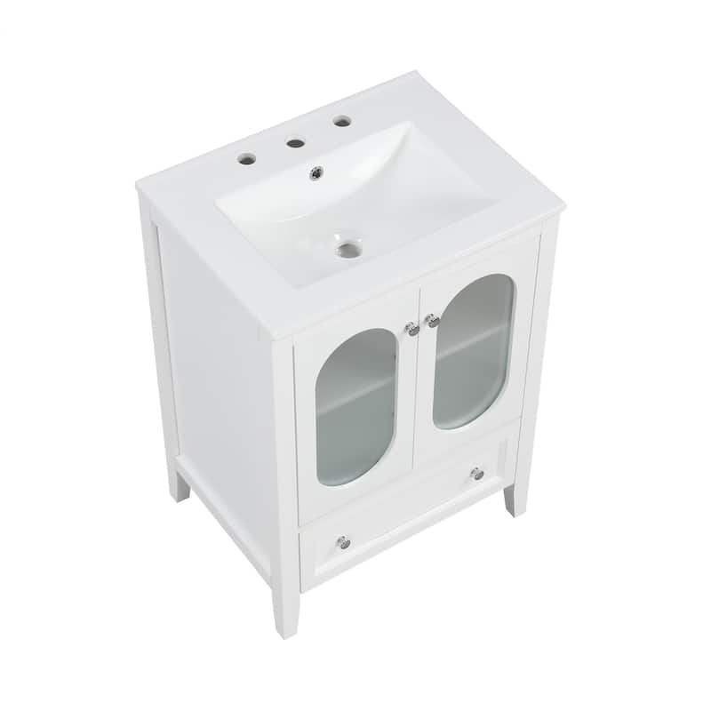 Bathroom Vanity with Sink, Vanity Set with 1 Drawer and 2 Glass Doors, Bathroom Storage Cabinet with Adjustable Shelf