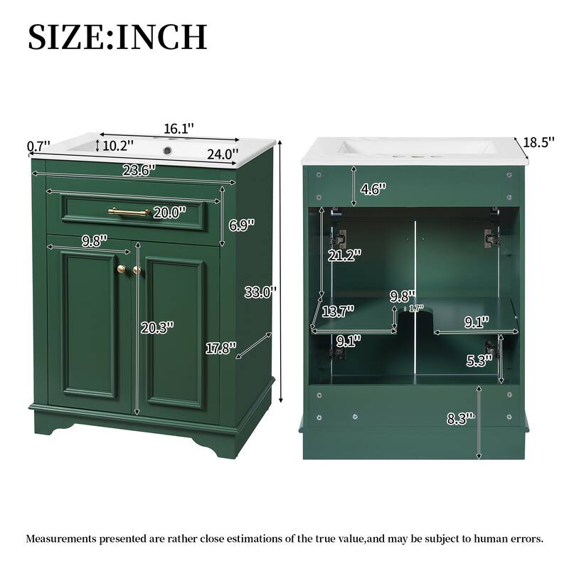 24" Bathroom Vanity with Integrated Ceramic Sink, Bathroom Cabinet with 2 Doors