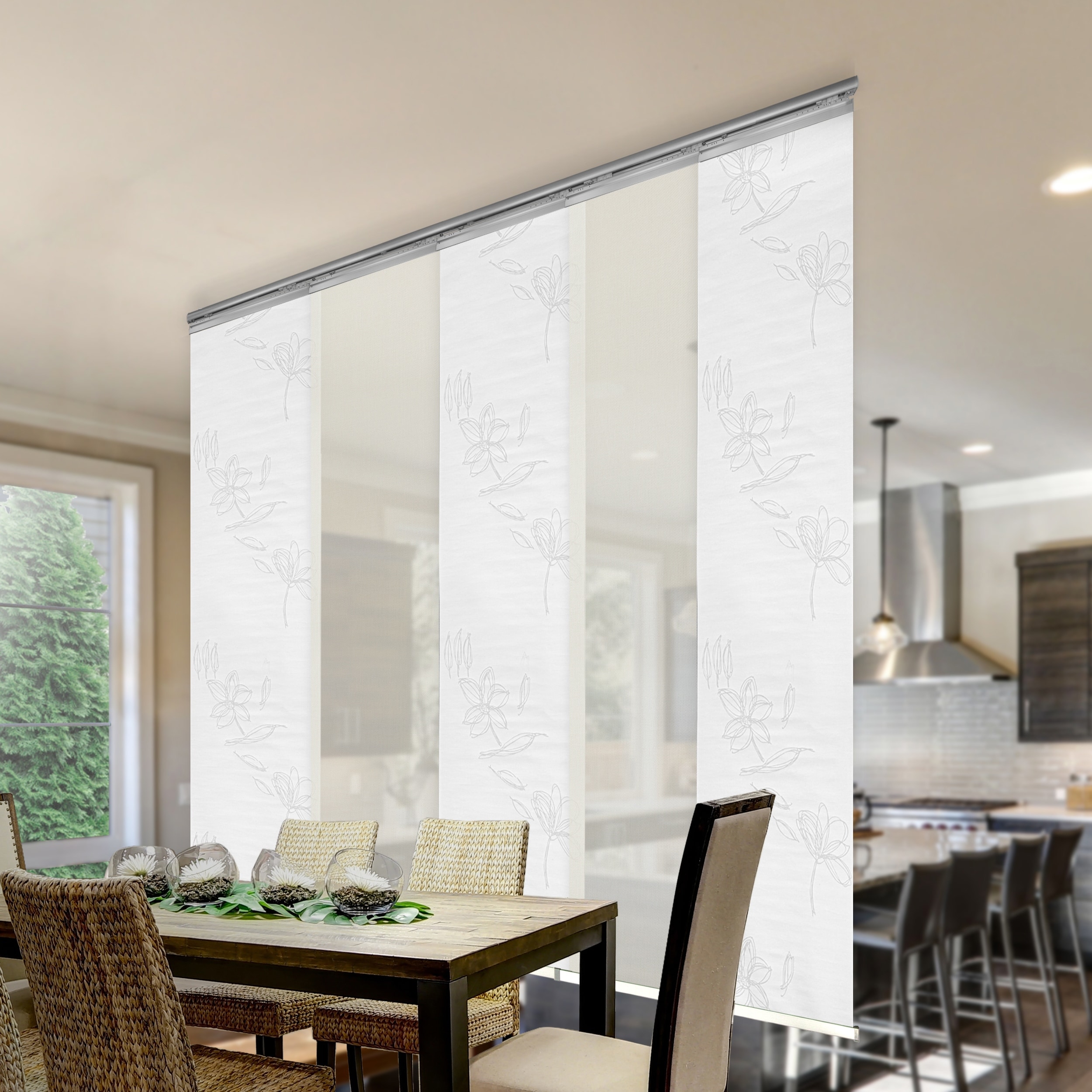InStyleDesign 5-Panel Single Rail Panel Track Extendable 58"-110"W x 94"H, Panel width 23.5", Floret, Ash Sieve. - 110"Wx94"H