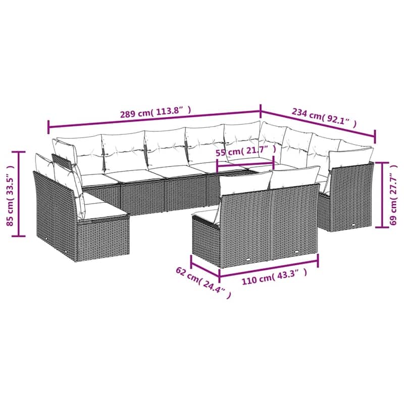 vidaXL Patio Sofa Set with Cushions Outdoor Conversation Furniture Poly Rattan - 21.7" x 24.4" x 27.2"