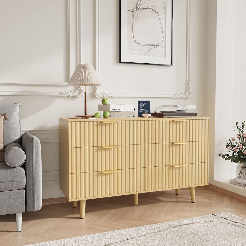 Gymojoy Fluted 6 Drawer Dresser for Bedroom, 47" Wood Chest of Drawers, Modern TV Stand for Closet, Living Room, Hallway