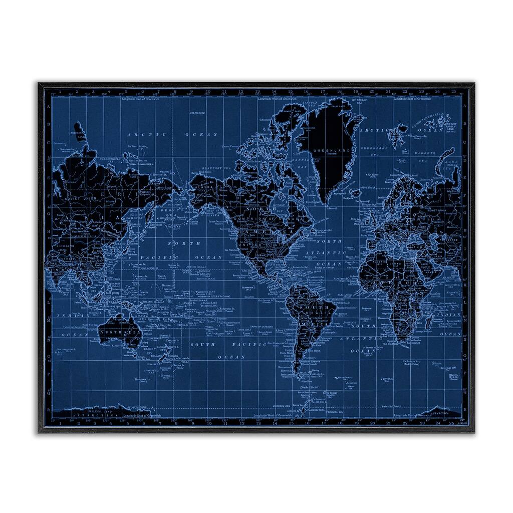 Stupell Blue Toned World Map Framed Giclee Art Design By Phillipa Katz