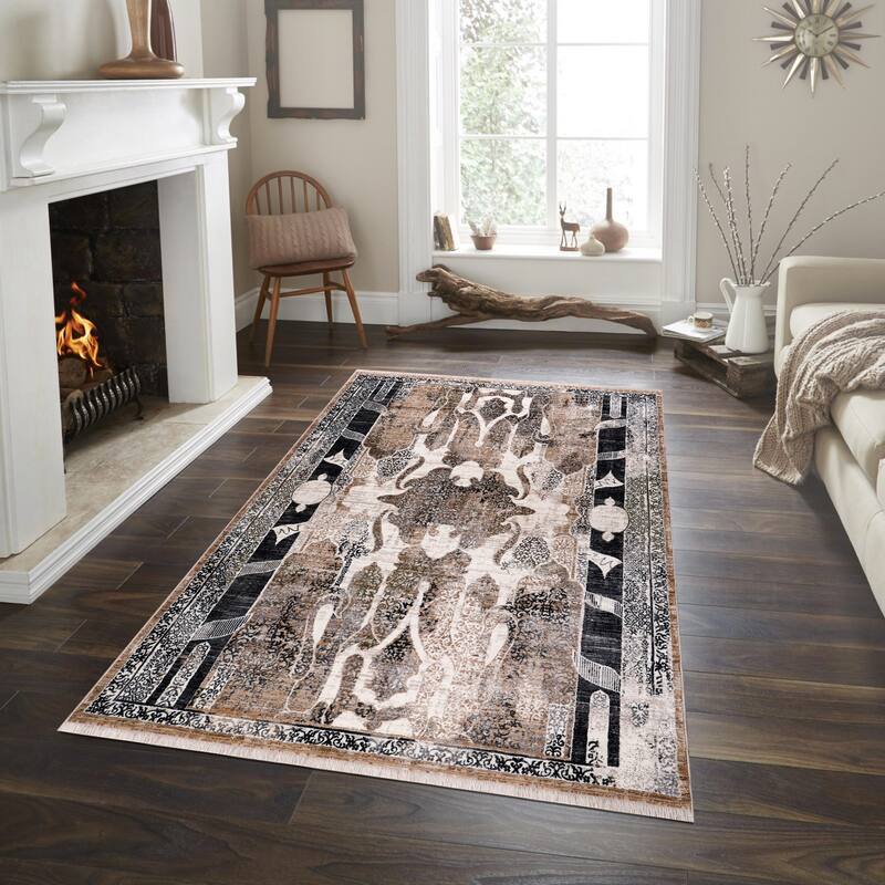 Anna Collection Ivory, Black, Grey, and Tan Scrollwork Rug