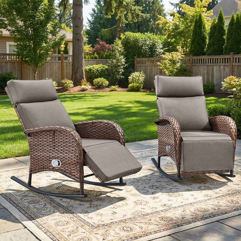 Pocassy Versatile Outdoor Recliner Rocker Chair with Side Table - Brown Wicker with Gray Cushion - 2-Piece Rocker Recliner Chair