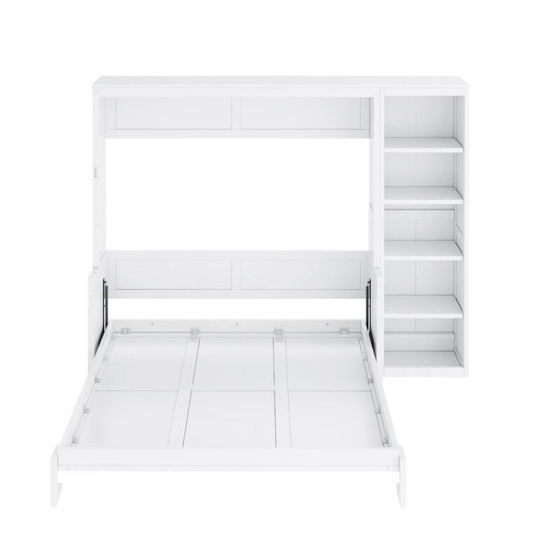Full/Queen Size Murphy Bed with Built-in Desk, Wall Bed Folding Bed Frame with 5-Tier Side Bookshelf