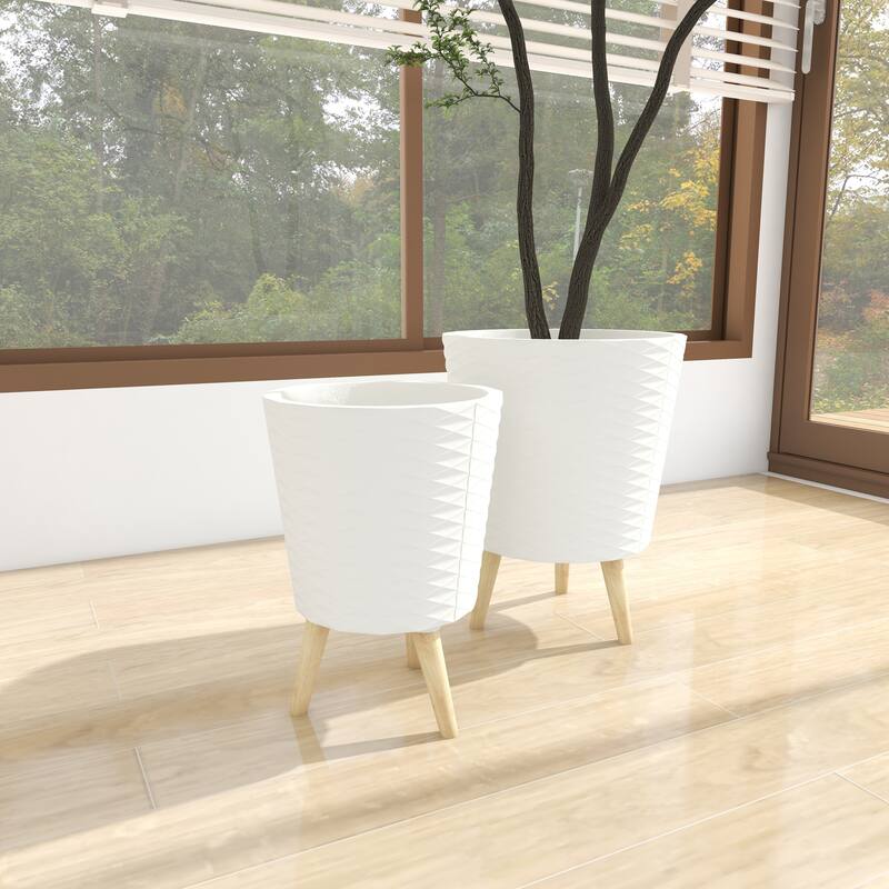 White or Grey Fiber Clay Wood Boho Eclectic Planter (Set of 2) - S/2 14", 16"H