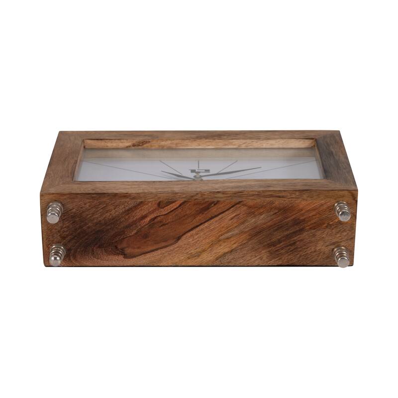 Sagebrook Home Elegance 10" Modern Rectangle Brown Table Clock, Wood, Aluminum, Glass & MDF - 10" x 3" x 9"