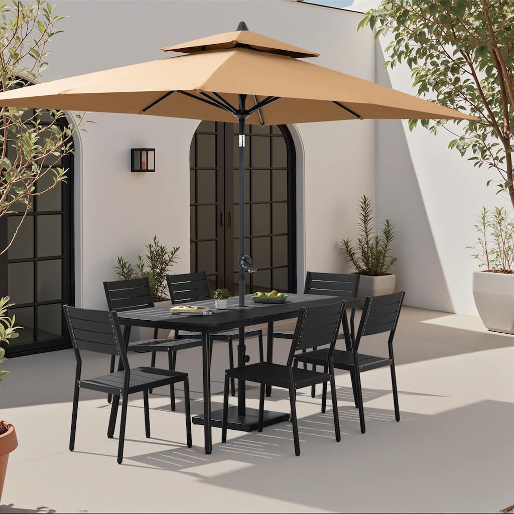 9-Piece Outdoor Dining Set Rectangular Aluminum Table and Stackable Chairs with Umbrella and Base