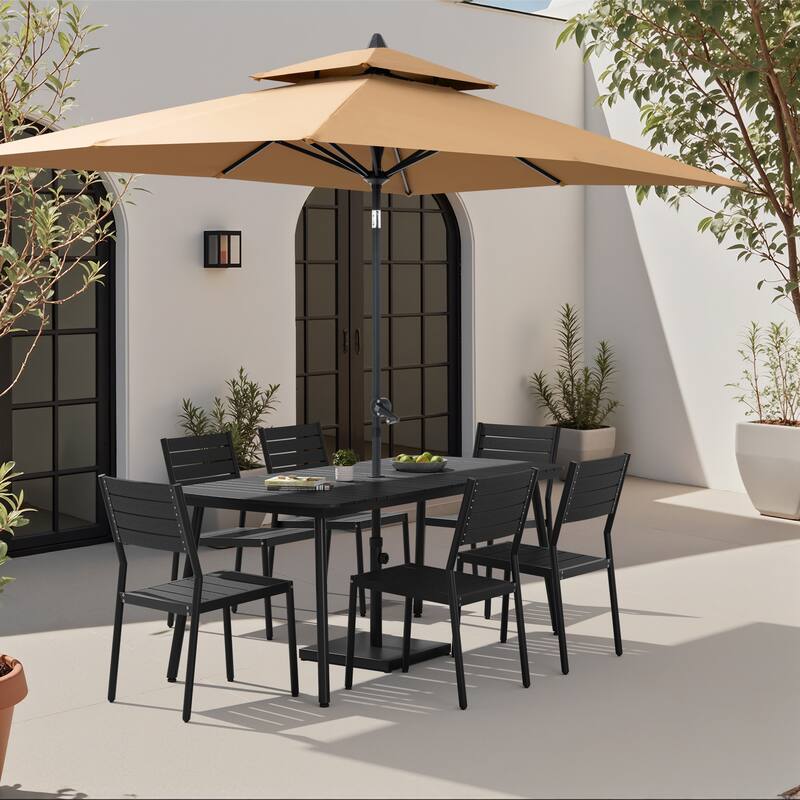 9-Piece Outdoor Dining Set Rectangular Aluminum Table and Stackable Chairs with Umbrella and Base - Black
