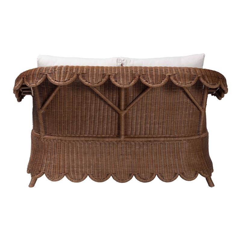 Detta Natural Rattan Loveseat with Cushion - Handwoven Wicker Settee with Rolled Arms and Scalloped Skirt Base