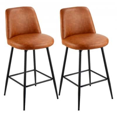 Brown PU Leather Cushion Swivel Counter Height Bar Stool with Iron Pipe Frame and Footrest for Kitchen Island