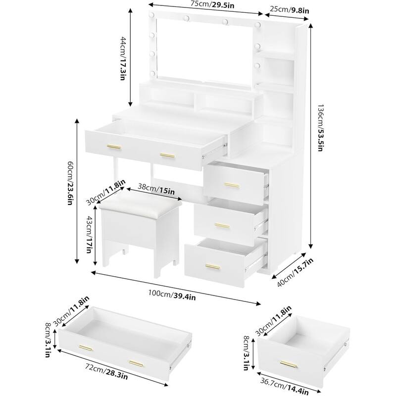 4 Drawers 3 Shelves Dressing Table, Makeup Vanity Desk with Mirror and Lights for Bedroom