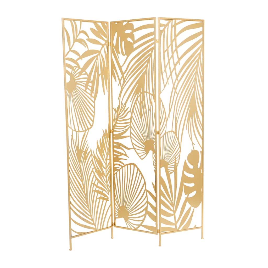 Metal Foldable Partition Cutout Palm Leaf 3 Panel Room Divider Screen - Gold - Roche River Decor - 1"Wx48"Lx71"H