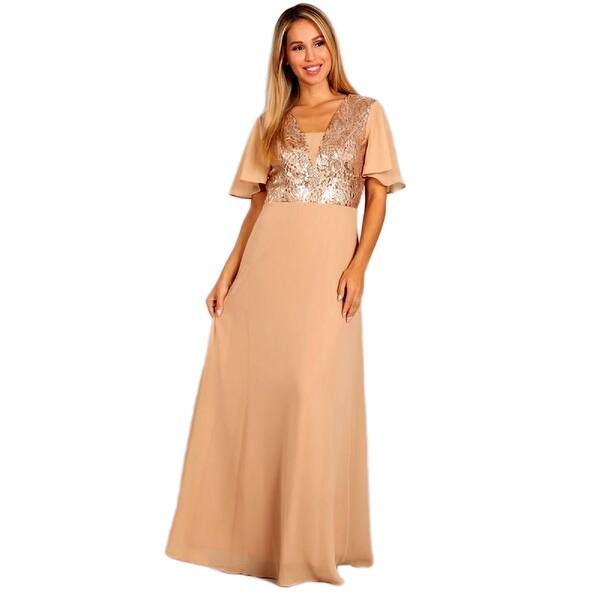 Shop Fanny Fashion Womens Gold Flutter Sleeves Sequin Evening Gown