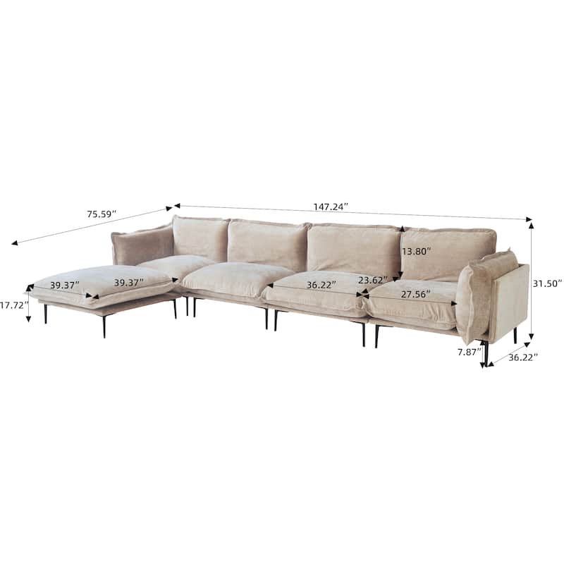 147" L-Shaped Chenille Comfy Sectional Couches for Living Room 4-Seater Cloud Couches with Movable Ottomans