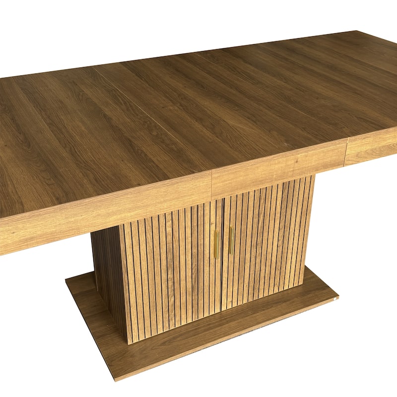 Extendable Cabinet Dining Table with Storage, Wood Kitchen Table with Striped Cabinet, Waterproof Coffee Table