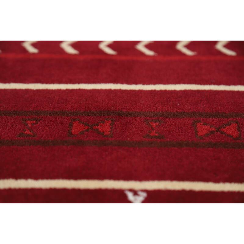 Striped Red Gabbeh Indian Runner Rug Hand-Knotted Wool Carpet - 2'7" x 7'8"