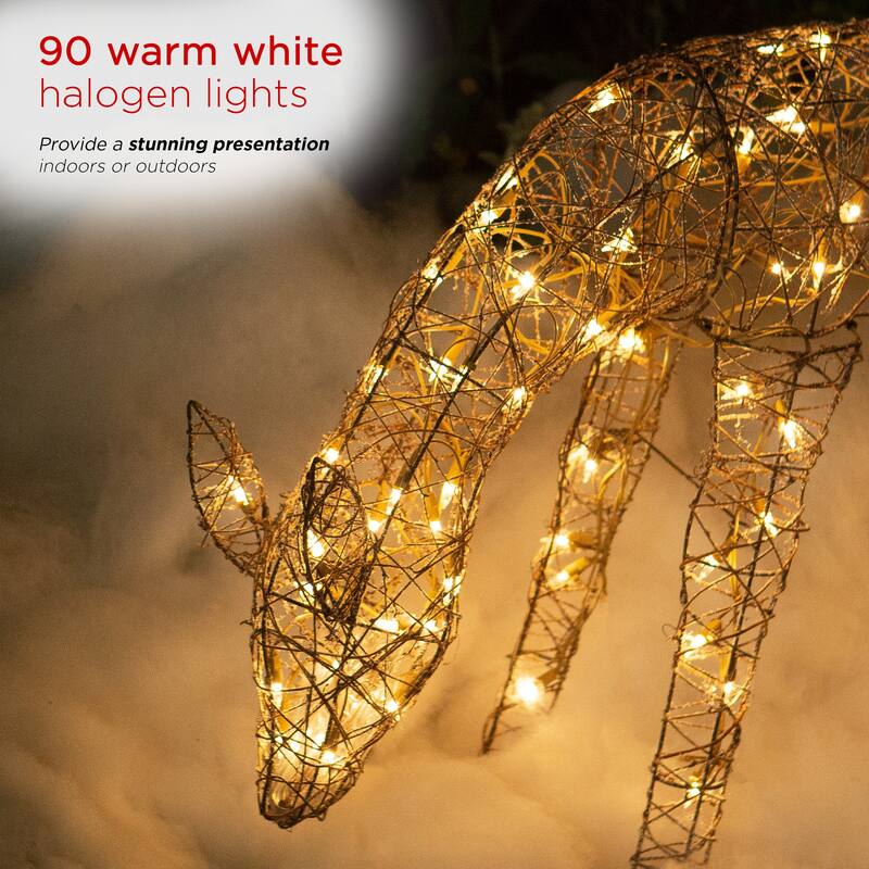 Alpine Corporation Outdoor Rattan Grazing Christmas Reindeer Lawn Decoration with White Halogen Lights