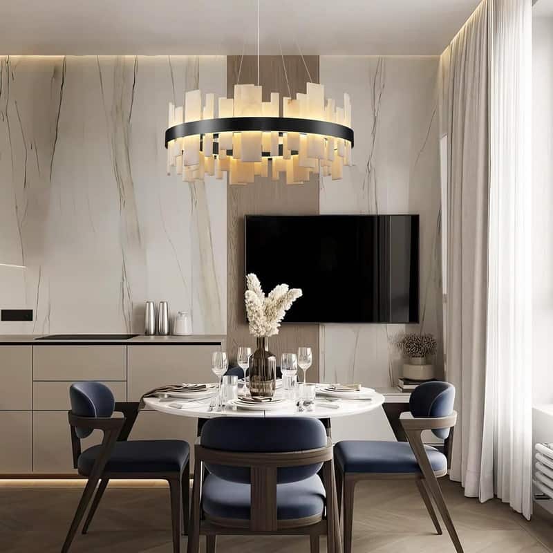 KAYLA 31 in. 8-Lights Drum Gold Chandelier With Alabaster Shade Chandelier