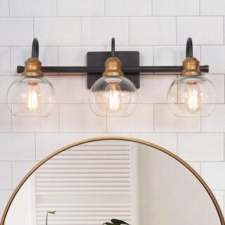 Modern Antique Gold 3-Light Bathroom Vanity Light Transitional Black Glass Wall Sconces Dimmable
