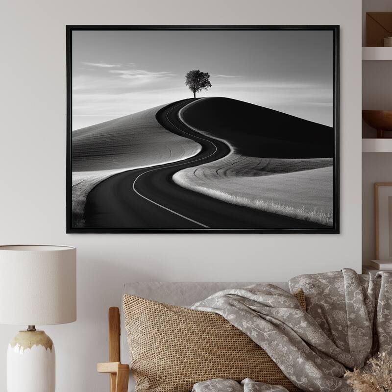 Designart "Black And White Road Photography II" Road Framed Canvas Art Print - 32 in. wide x 24 in. high - Black