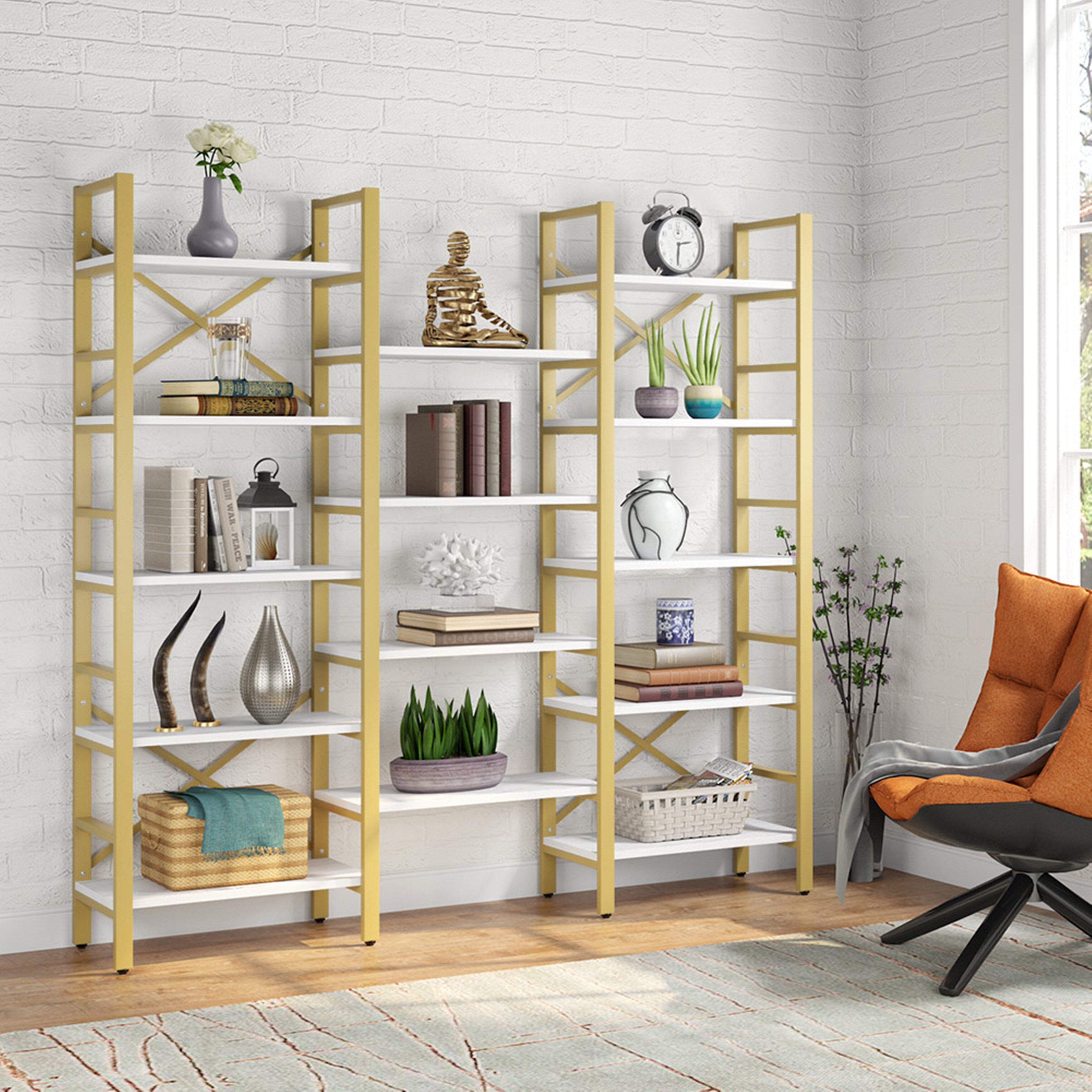 Triple Wide 5 Shelf Bookcase Etagere Large Open Bookshelf Overstock 31247440