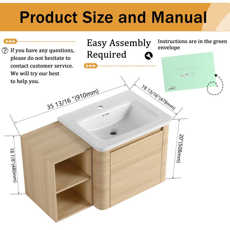 Malwee 24"/36"/48"/60" Floating Bathroom Vanity, Wall Mounted Bathroom Vanity with Ceramic Sink,Soft Close Door and Shelf