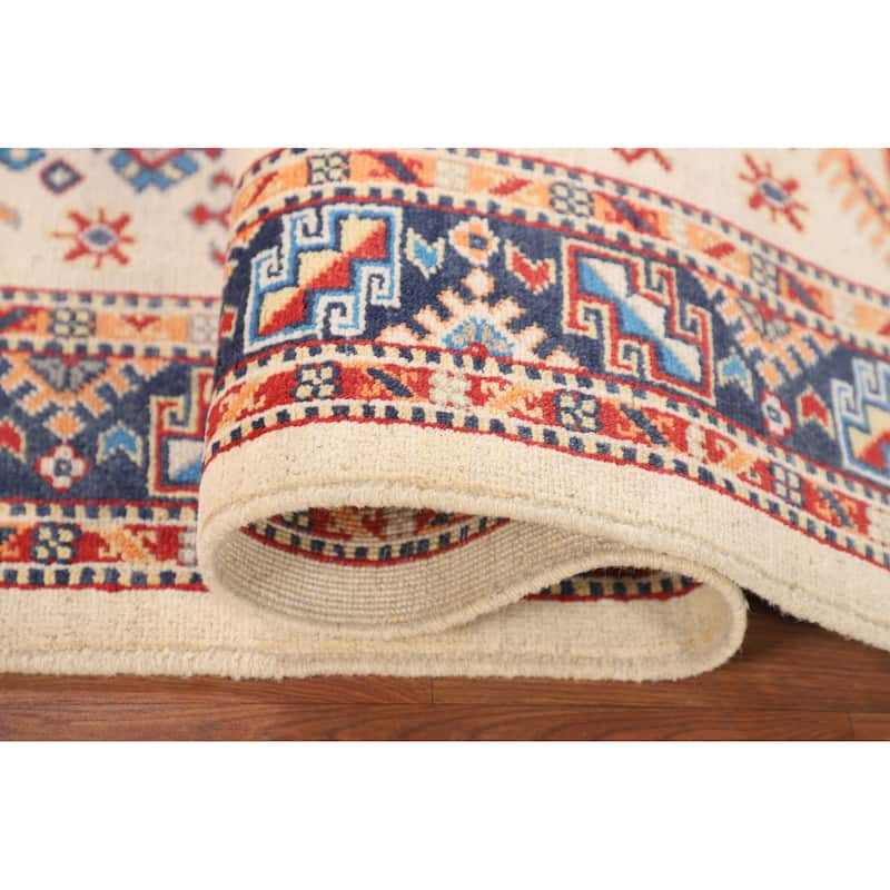 Beige / Ivory Geometric Kazak Oriental Rug Hand-Knotted Wool Carpet - 4'2" x 5'11"