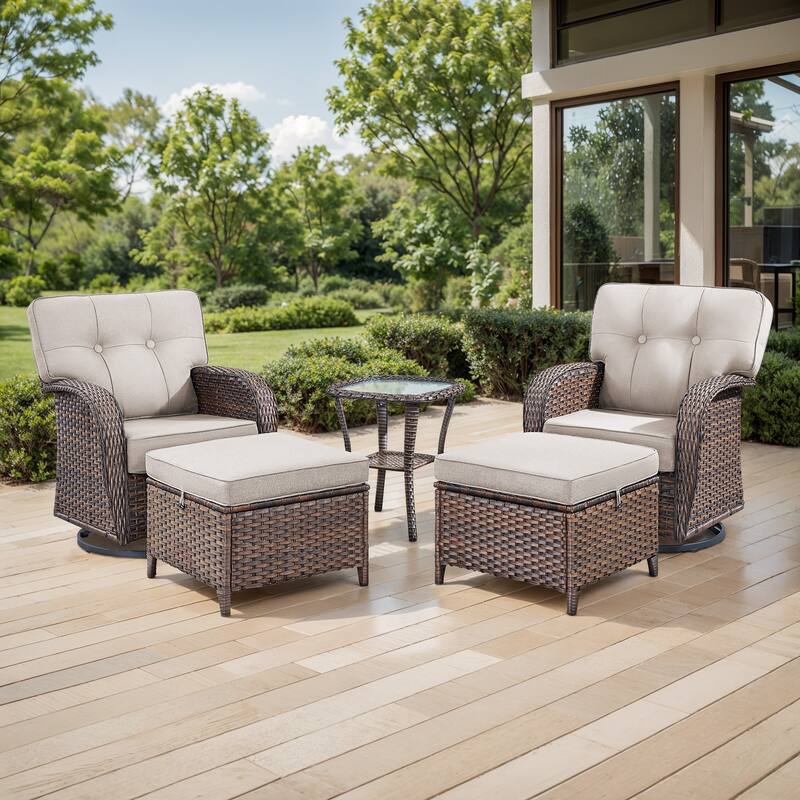 TWrap Brown Wicker Patio 5-Piece Swivel Gliders Conversation Set with 5-Inch Thick Cushions