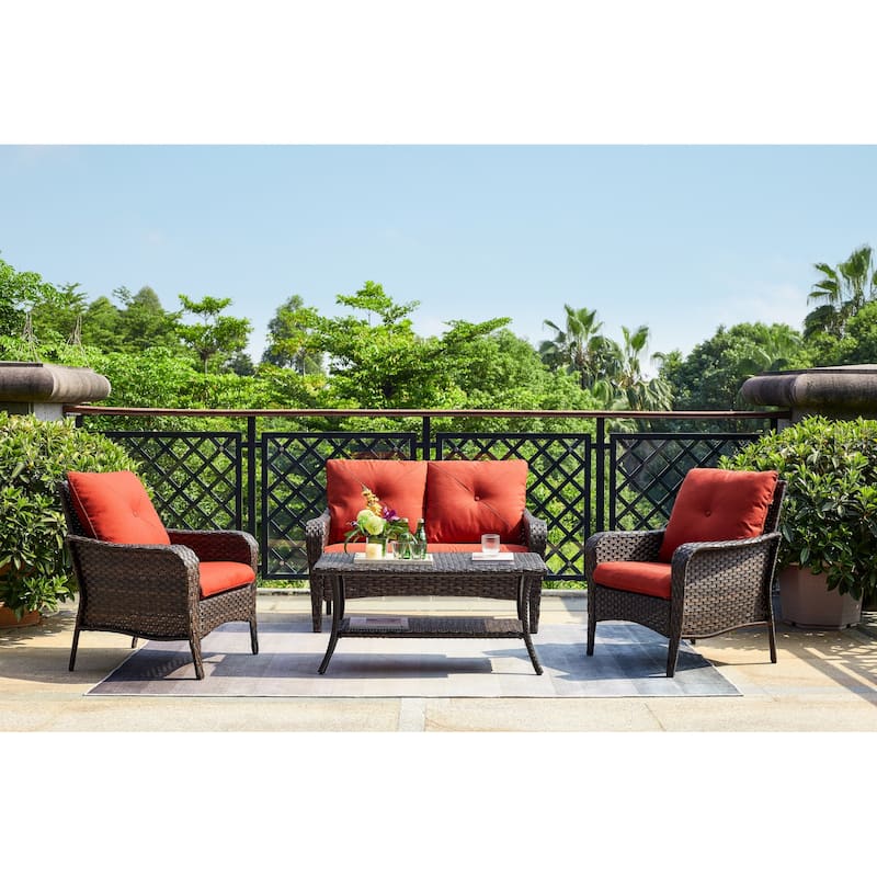 Pocassy 4-Piece Patio Wicker Sofa Set with Cushions - Brown/Red