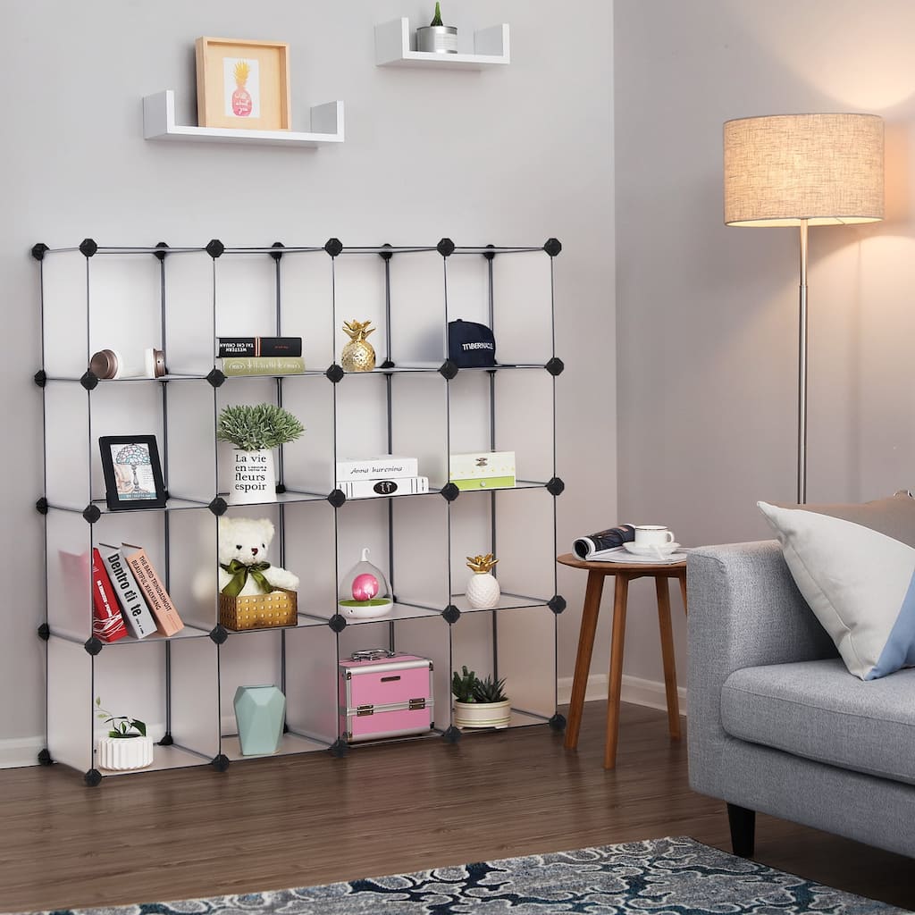 SONGMICS 16 Cube Storage Organizer Storage Cube Bookshelf DIY Plastic Closet Storage Shelves for Home Office Bedroom White