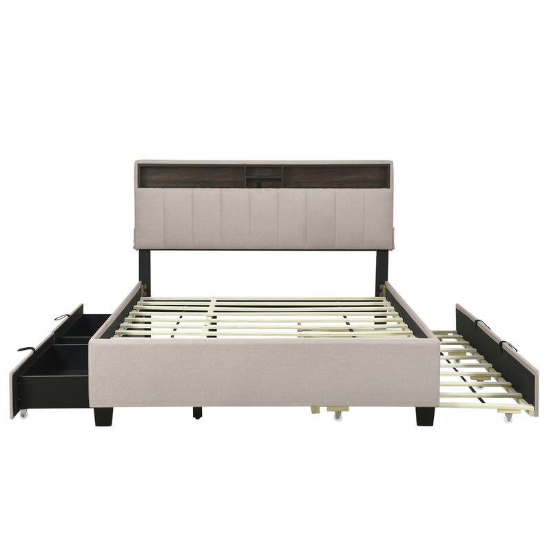 Queen size Upholstered Platform Bed w/ Twin XL Size Trundle & 2 Drawer