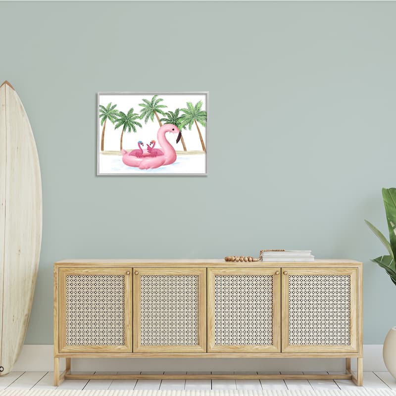 Stupell Pink Flamingo Tropical Beach Float Party Palm Trees Framed Wall Art